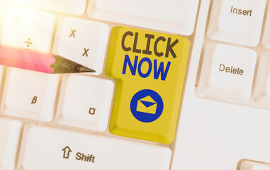 Conceptual hand writing showing Click Now. Concept meaning pressing the button signifies...