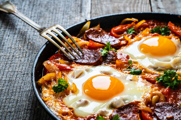 Shakshuka - fried eggs with chorizo and vegetables in frying pan
