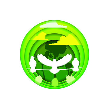Green Abstract Paper Cut Tree Design Elements Vector Background Bird Silhouette Nature Forest Eco Pigeons