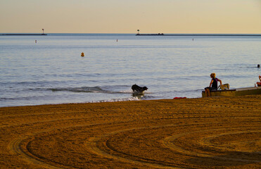 Sunrise or twilight over waterfront and beaches of Lake Michigan with Chicago downtown skyline in...