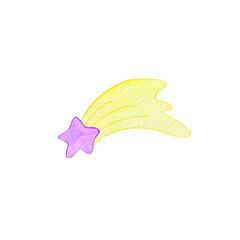 Watercolor illustration. Cartoon purple comet with a yellow tail. Illustrations for children