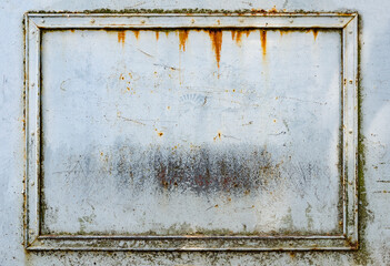 White painted grungy rusty metal frame with rivets for background