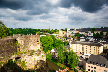 panoramic view of the city of Luxembourg, on a cloudy day.