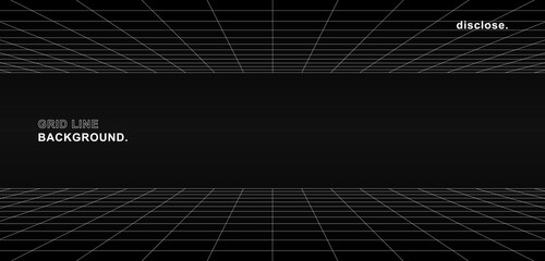Empty futuristic digital horizontal gap grey-black background with white grid space line color surface. Network cyber technology. banner, cover, terrain, sci-fi, wireframe, and related to background.