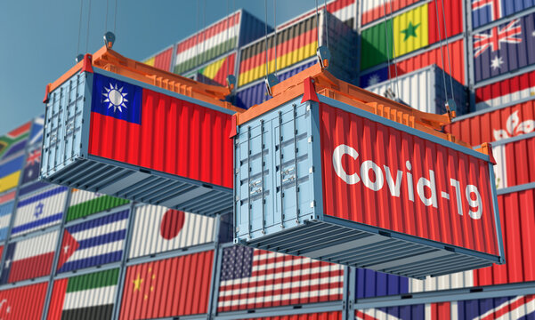 Container with Coronavirus Covid-19 text on the side and container with Taiwan Flag. Concept of international trade spreading the Corona virus. 3D Rendering © Marius Faust