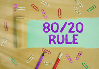 Word writing text 80 Or 20 Rule. Business photo showcasing law of the vital few as effect roughly...