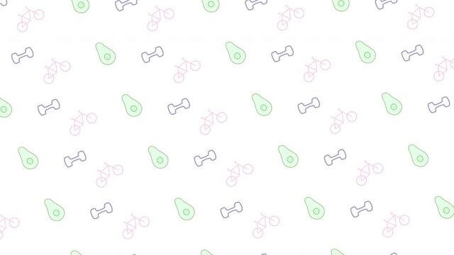 Animation of lifestyle background. avocado, bicycle, sport and fitness moving pictures. Healthy food and style of life concept. Pink and blue colours.