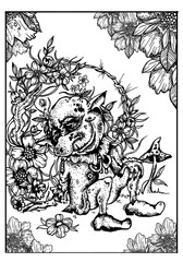 Fototapeta premium Tired, contented, kind gnome with pointed ears and a large nose, in a jacket with a bow and a beautiful collar, in shoes, sitting on the grass among many beautiful and diverse flowers and plants.