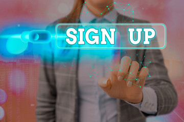 Word writing text Sign Up. Business photo showcasing site form of creating new account filled by an...