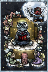 Cartoon character, cat storyteller is sitting on cloud in round glasses with book his hands reading a fairytale about the knight to little kittens in pajamas, in surrounded by large beautiful flowers.