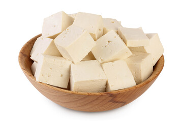 Heap of diced tofu cheese in wooden bowl isolated on white background with clipping path and full depth of field,
