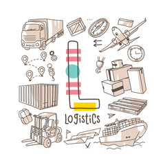 Letter L - Logistics, cute alphabet series in doodle style