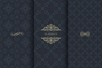 Set of Vintage seamless damask pattern. Collection of design elements, labels, icon, frames for packaging, design of luxury product. Template greeting card, invitation and advertising banner, brochure