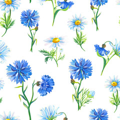 Blue cornflowers,chamomile.Watercolor floral seamless pattern. Illustration with flowers for fabric,texile, scrapbooking,