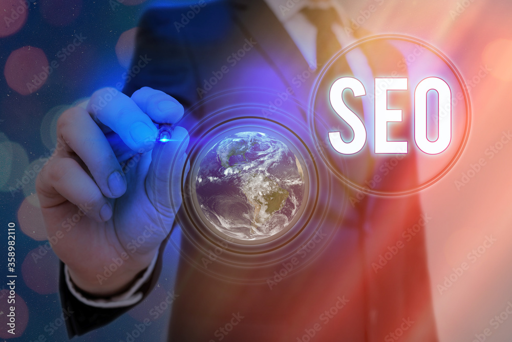 Poster writing note showing seo. business concept for search engine optimization increasing quality and qua