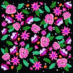 Black. Flowers Textile Texture Fabric Print Pattern