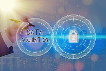 Text sign showing Data Acquisition. Business photo showcasing way to obtain statistics that can be maneuvered digitally