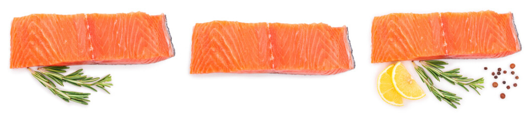 fillet of red fish salmon with lemon and rosemary isolated on white background. Top view. Flat lay. Set or collection