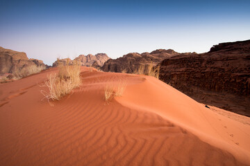 Fototapeta na wymiar Red sand dunes on Wadi Rum desert in Jordan. Spectacular landscape of orange desert.
