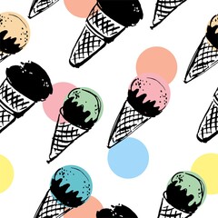 Decorative seamless pattern with ice cream in a waffle cone drawn with a black line isolated on white. Background for cafe and restaurant menus. Pastel packaging paper. Vector illustration