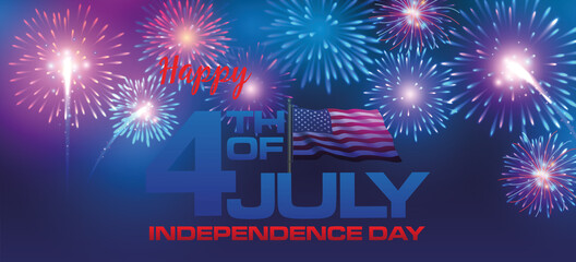 card or banner on "Independence Day July 4 in blue and red with the flag of the united states and fireworks on a navy blue background