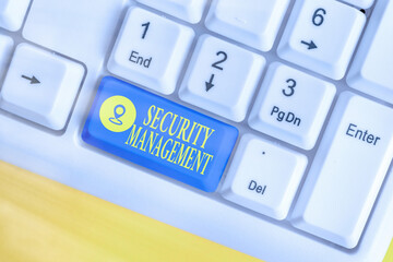 Writing note showing Security Management. Business concept for is the identification of an organization s is assets