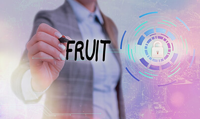 Conceptual hand writing showing Fruit. Concept meaning seedbearing in flowering plants formed the...