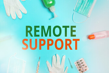 Conceptual hand writing showing Remote Support. Concept meaning type of secure service, which permits representatives to help Primary medical precautionary equipments health protection
