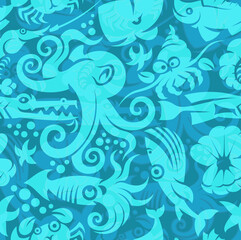 seamless cute sea creature pattern cartoon vector illustration