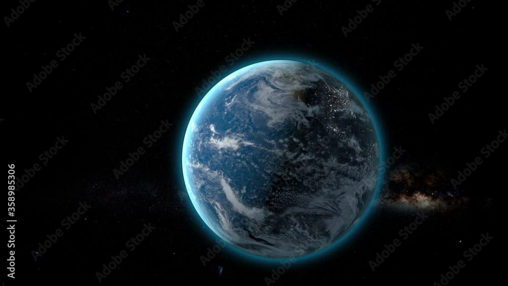 Wall mural planet earth as seen from space. with stars background. realistic 3d animation