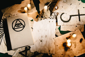 Occult grimoire, white magic book laying on table with old manuscripts with occult symbols,...