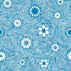 Abstract lace seamless pattern with flowers on blue backdrop