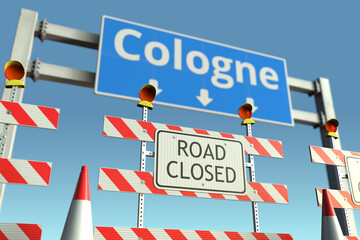 Barriers at Cologne city traffic sign. Coronavirus disease quarantine or lockdown in Germany conceptual 3D rendering