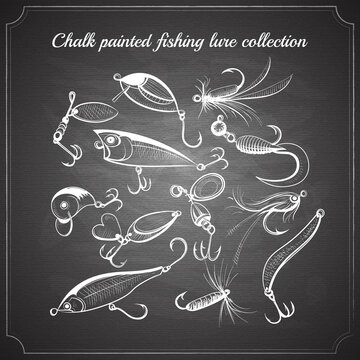 fishing lures collection of design elements sketch style chalk pained on chalkboard vintage vector illustration. hard baits, wobblers for your design project