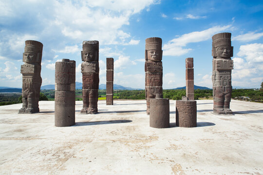 Tula warrior atlantes are more than 5m /16ft tall. They once served as pillars to support the roof of the Temple of The Morning Star that stood on top of a pyramid, Tula, Mexico