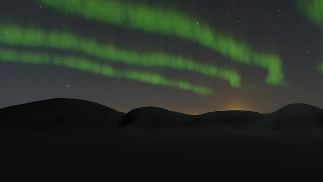 4K footage of Aurora Borealis Northern Lights green color in the night sky. 3D time lapse animation
