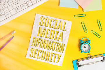 Conceptual hand writing showing Social Media Information Security. Concept meaning careful in using multimedia services Flat lay above copy space on the white crumpled paper