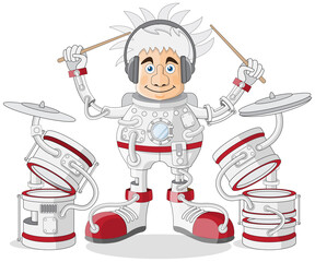 Cyborg drummer. Isolated on white background. Vector illustration.