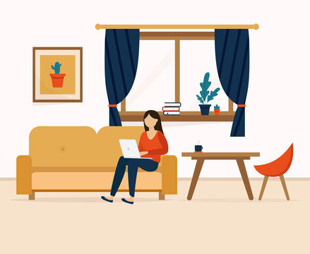 Girl with a laptop on the chair or table. Staying and working at home. Studying at home Remote work. Cute illustration in flat style. Home interior