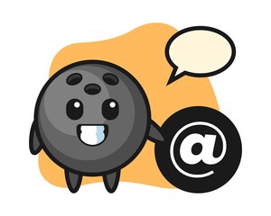 Bowling ball cartoon standing beside the At symbol