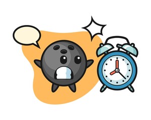 Bowling ball cartoon surprised with a giant alarm clock