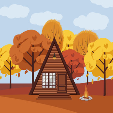 Vector illustration of cabin in autumn forest. Fall landscape with house in the woods and campfire.