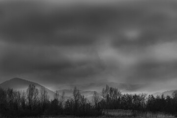 Winter landscape with mountains black and white