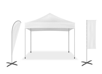 Pop-up mobile tent with event flags, vector mockup. Exhibition mock-up set. Blank white template for business branding design
