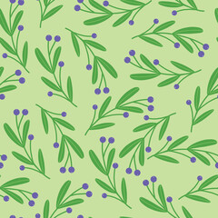 Fototapeta na wymiar Sprig of blueberries on a light background Vector hand drawn seamless pattern.