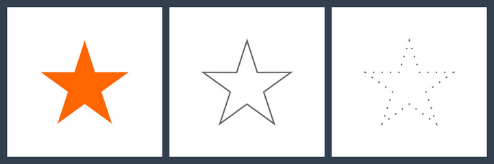Star Shapes with Fill Color, Outline and Dashed Line isolated on White Background. Usable for Coloring Picture and Kids Education. Flat Vector Design Template Elements.