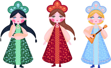 Set of 3 russian girls in traditional suits, cartoon characters, illustration, russian culture