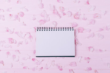 Blank notebook among peony flower petals on pink background