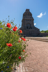 Red poppy flowers at the Monument to the Battle of the Nations in Leipzig