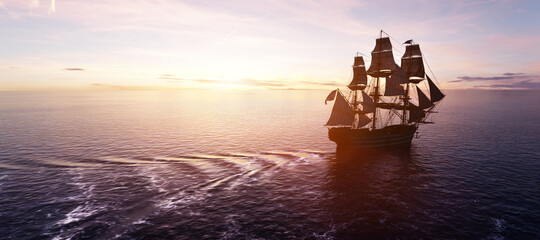 Pirate ship sailing on the ocean at sunset © Photocreo Bednarek